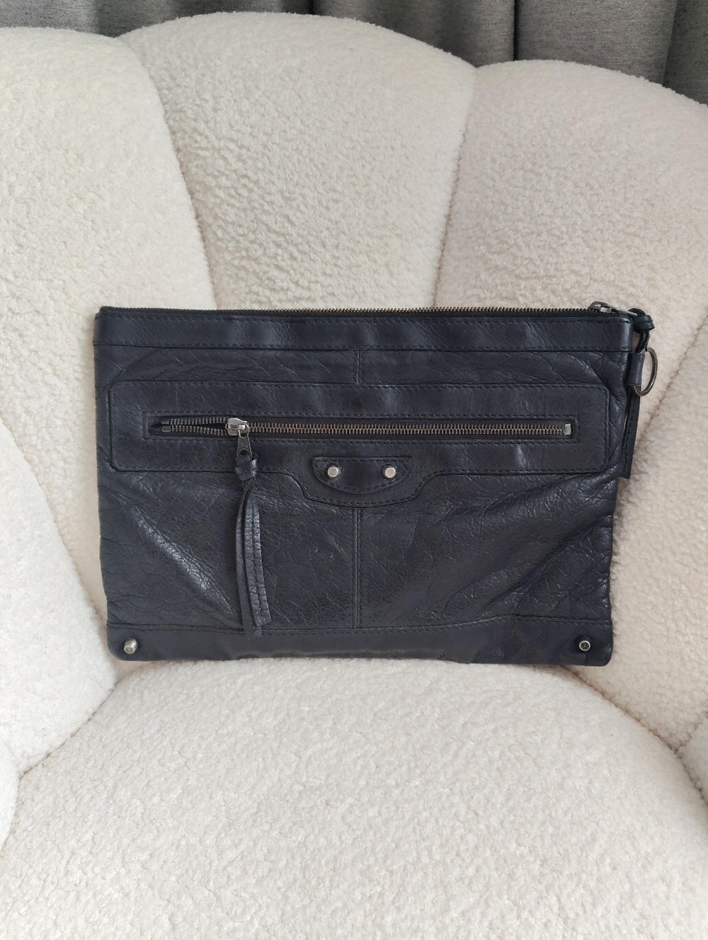 Balenciaga Men's Black Leather Zip-Top Clutch Bag